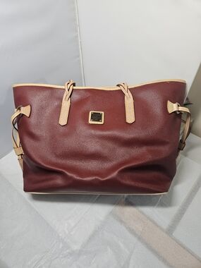 Dooney & Bourke Burgundy Red Leather Tote with Tan Trim